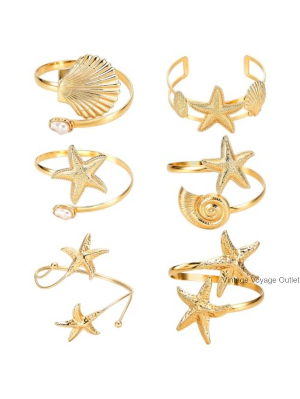 Gold Plated Mermaid Arm Cuff Set Starfish Shell Pearl Costume Jewelry